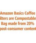 Text highlighting that Amazon Basics coffee filters are compostable and the bag is made from 20% post-consumer content.