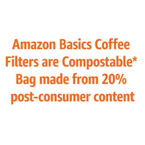 Text highlighting that Amazon Basics coffee filters are compostable and the bag is made from 20% post-consumer content.