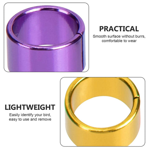 18 Piece Aluminum Pigeon Rings Colorful Bird ID Bands for Pigeon Feet Tagging and Leg Marking, showing purple and gold bands.
