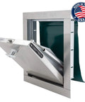 Stainless Steel Trash Chute Door With Bottom Hinged Design, Easy Install, 15W By 18H Inches, Self Closing, Fire Rated And UL Listed, open view
