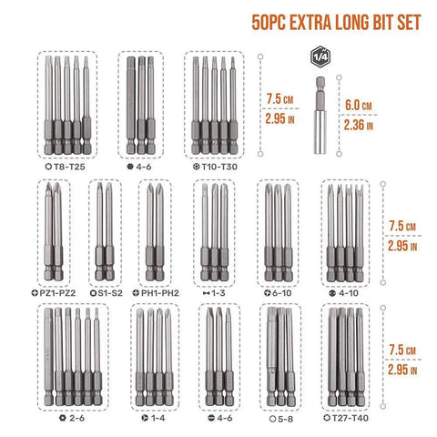 50 Piece Magnetic Screwdriver Bit Set With Extra Long Bits And Case All In One Pro Grade Driver Kit Includes Hex Torx Star Phillips