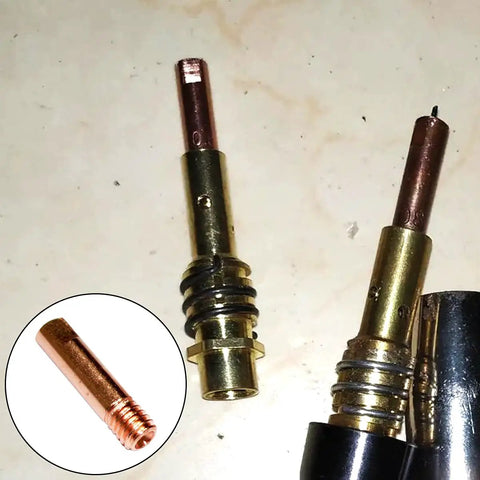 Premium 30 Pack Mig Welding Gun Copper Contact Tips In Three Sizes For Miller And Hobart M Series Guns heat-resistant tips side view.