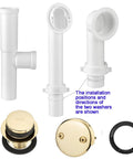 Straight Up Premium Bathtub Drain Kit With Golden Overflow Tube Assembly components including oversized white pipes and golden stopper.