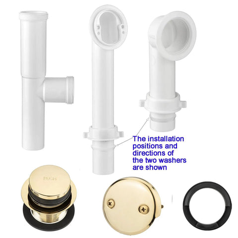 Straight Up Premium Bathtub Drain Kit With Golden Overflow Tube Assembly components including oversized white pipes and golden stopper.