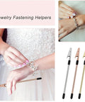 Bracelet Clasp Clamp Tool for Jewelry Making with Metal Shaft and One Hand Operation Extender and Fastening Device with Non Slip Tips Golden Finish for Crafting and Repair displayed with wedding dress in background.