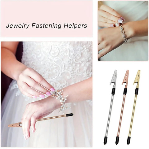 Bracelet Clasp Clamp Tool for Jewelry Making with Metal Shaft and One Hand Operation Extender and Fastening Device with Non Slip Tips Golden Finish for Crafting and Repair displayed with wedding dress in background.