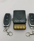 Long Range Wireless Remote Switch With 328 Ft Reach, 12V/24V/48V/72V 30A Relay, remote controls and receiver unit on white background.