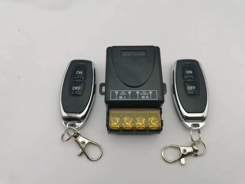 Long Range Wireless Remote Switch With 328 Ft Reach, 12V/24V/48V/72V 30A Relay, remote controls and receiver unit on white background.