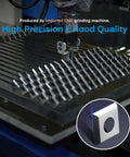 CNC grinding machine producing high precision carbide inserts with a close-up of a square insert featuring a hole.