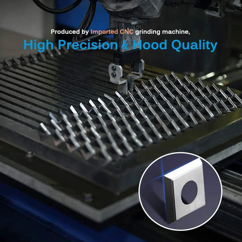 CNC grinding machine producing high precision carbide inserts with a close-up of a square insert featuring a hole.