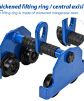 Beefy Heavy Duty 2200 Lbs Manual Push Beam Trolley For I Beam Track Adjustable 3 To 6 Inch Width shown in blue steel with wheels