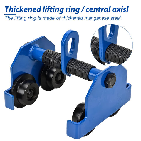 Beefy Heavy Duty 2200 Lbs Manual Push Beam Trolley For I Beam Track Adjustable 3 To 6 Inch Width shown in blue steel with wheels