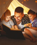 Father reading to kids using 4 Pack Tiny Animal LED Flashlights For Kids 2 In 1 Camping Lantern And Flashlight Cute Mini Lights For Boys And Girls