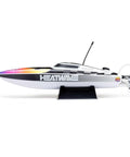 Recoil 2 18 Inch Brushless Heatwave RC Boat ready to roll with Spektrum Smart LiPo battery, side view showing deep-V hull.