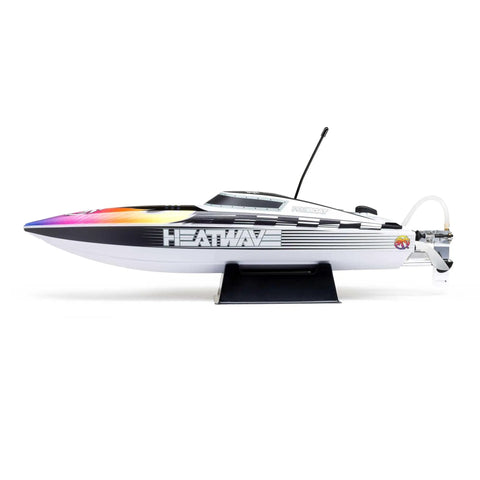 Recoil 2 18 Inch Brushless Heatwave RC Boat ready to roll with Spektrum Smart LiPo battery, side view showing deep-V hull.