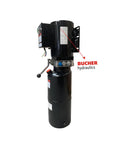 Black hydraulic power unit for a two-post car lift; top-mounted motor, Bucher hydraulics branding.