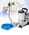 Portable Airless Paint Sprayer Packing 1600 Watt Muscle And Two Point Five Liter Per Minute Output For Butter Smooth Wall Coats And Zero Hassle Home Exterior Or Interior DIY Refreshes with blue hose and spray gun.