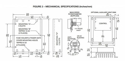 Technical drawing of DC Motor Control KBMM-125 With 115 VAC Input And 0 To 75 HP Range, 90 VDC ARM, mounting details.
