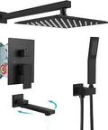 Rainfall Tub Shower Faucet System With Tub Spout And Wall Mount Square High Pressure Shower Fixtures Handheld Sprayer Rough In Valve Ten Inch Shower Head Matte Black