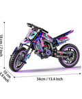 Motorcycle Building Block Set With 476 Pieces, Epic Collectible Display Model dimensions in pink and purple color.
