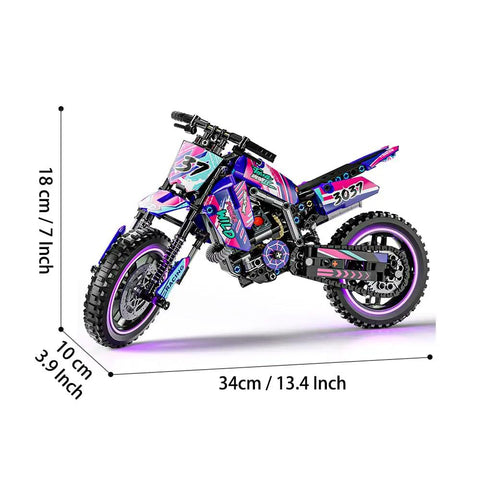 Motorcycle Building Block Set With 476 Pieces, Epic Collectible Display Model dimensions in pink and purple color.