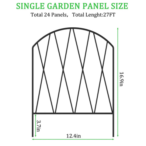 Single panel of 24 Pack Dope Decorative Garden Fence Barrier For Dogs And Rabbits, No Dig Arched Metal Border, 27ft labeled size diagram.