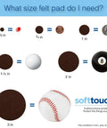 Size comparison chart for felt pads, showing various diameters compared to familiar objects, by SoftTouch brand.