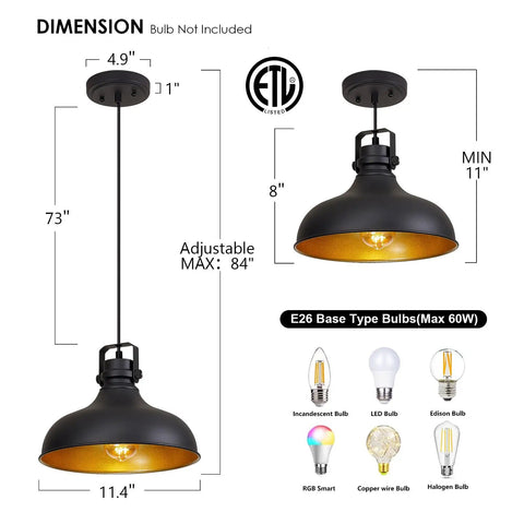 Dimensions of Black Farmhouse Pendant Lights Matte Finish Industrial Vintage Dome Hanging Light Fixtures with bulb types