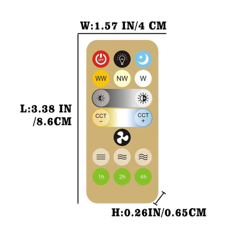 Remote control for Enclosed Smart Ceiling Fan With Light 10 Inch, showing buttons and dimensions, 1.57x3.38 inches.