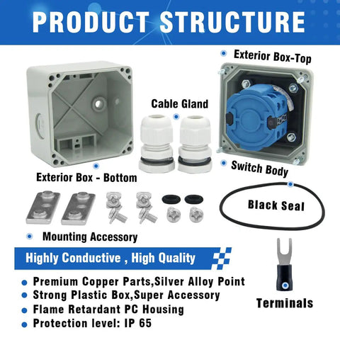 20A Rotary Changeover Switch With Exterior Box On Off On 660V Latching Universal Selector IP65 3 Positions 2 Poles Structure