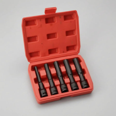 Rock Solid Five Piece Extended Thin Wall Impact Socket Set With Narrow Profile Design For Tough Car Wheel Maintenance And Automotive Repairs in red case
