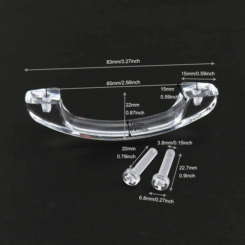 2 Pack Transparent Acrylic Drawer Knob Pull Handles With Glass Look Finish, shown with screws and detailed measurements, clear crystal style.