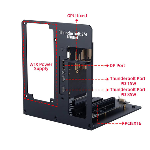 Thunderbolt Four External GPU Enclosure With USB Four Support For NVIDIA And AMD Graphics Cards Featuring PD Eighty Five Watt Charging and ATX Power Desk Station showing connection ports.