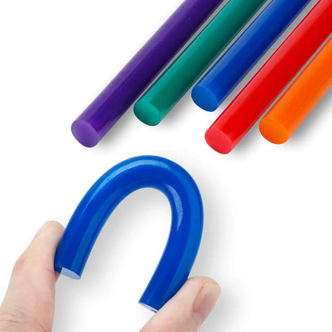 72 Pack Colored Hot Glue Sticks 0.4 x 3.9 Inches In 12 Colors, shown in various colors with flexible blue stick.