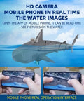 Underwater HD Camera RC Boat With App Control And 2.4G Remote, dual propeller, shown with live phone interface display.