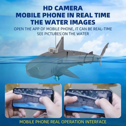 RC Shark Boat With HD Camera Real Time FPV Video App Control being operated via smartphone for underwater viewing
