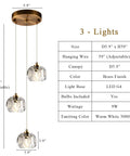 Diagram of Modern Raindrop Pendant Lights Set Of 3, Brass Round Hanging Lamps With Clear Crystal Prisms dimensions and details