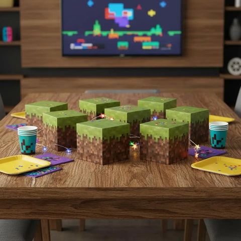 Fire Pixel Art Party Favor Boxes 8 Pack Grass Cubes Containers Sturdy Cardboard Treat Holders For Epic Birthday Bash And Legit Squad Game Night Essentials Today on a table with party supplies.