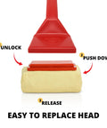Close-up of red Bristle Free Grill Cleaning Brush With Replaceable Head For Cast Iron And Stainless Steel Grates Safe BBQ Scrubber.