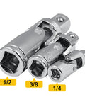 Rock Solid 3 Piece Universal Joint Socket Set With Rotatable Swivel Head For Tough Jobs And Confined Spaces That Make Any DIYer's Toolkit Smaller Yet Super Versatile And Way More Efficient. 3 chrome-plated steel joints, 1/2 3/8 1/4 drive