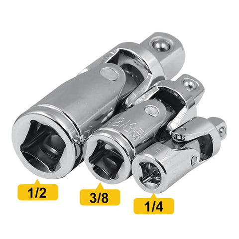 Rock Solid 3 Piece Universal Joint Socket Set With Rotatable Swivel Head For Tough Jobs And Confined Spaces That Make Any DIYer's Toolkit Smaller Yet Super Versatile And Way More Efficient. 3 chrome-plated steel joints, 1/2 3/8 1/4 drive