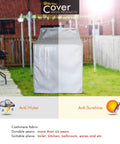 Heavy Duty Outdoor Indoor Washing Machine Cover With Waterproof UV Shield Universal Top And Front Load Fit All Weather Washer Dryer Cover In Silver Protects From Rain Sun Snow And Rust 29W X 28D X 40H shown in rain and sunlight settings on patio.