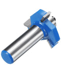 15/32 Inch Shank 3 Wing Carbide Router Bit With Ball Bearing Guide view showing blue housing and steel shaft, used for woodworking.