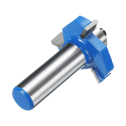 15/32 Inch Shank 3 Wing Carbide Router Bit With Ball Bearing Guide view showing blue housing and steel shaft, used for woodworking.