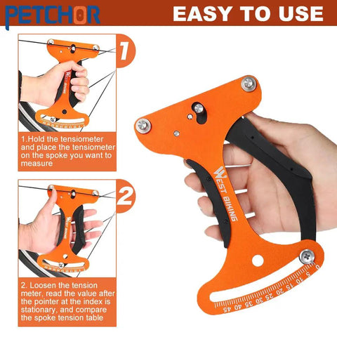 Spoke Tension Meter Tool Pro Grade Aluminum Alloy Bicycle Wheel Tension Gauge Indicator held by hand, orange, easy to use instructions.