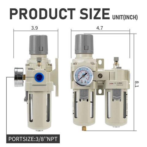 Front view of two LNCHKA FRL air regulator filter lubricator units with gauge and 3/8 in NPT ports, beige