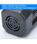 Front view of a dark gray AC 110V single-phase gear motor with round cooling fan grille.