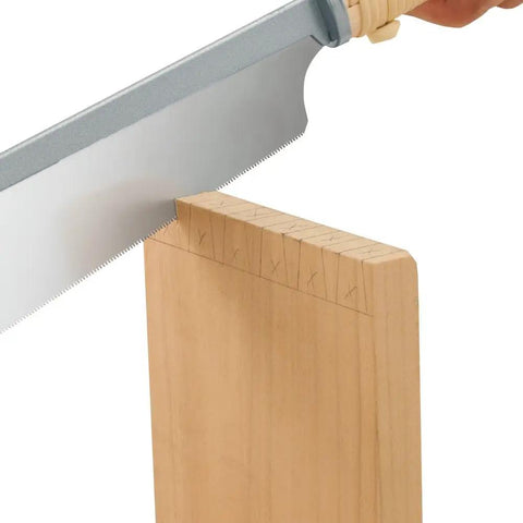 Precision Dovetail Marking Tool For Hand Woodworking And Furniture Crafting features a saw cutting marked dovetail joint on wood.