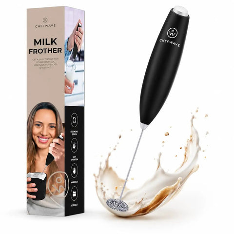 Compact Black Espresso Machine Bundle Pushing 20 Bar Pressure For Rich Creamy Crema In Just 30 Seconds Includes Dual Sided Capsule Holder And Two Glass Cups And Handheld Milk Frother. Milk frother in action creating froth.