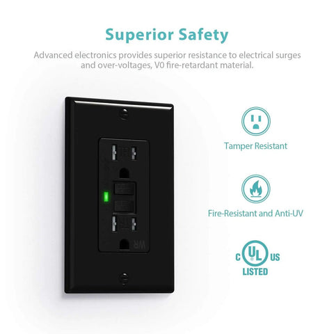 2 Pack Self Test GFCI Outlets Tamper Resistant And Weather Resistant Receptacles With LED Indicator 15 Amp 125 Volt UL Listed Black
